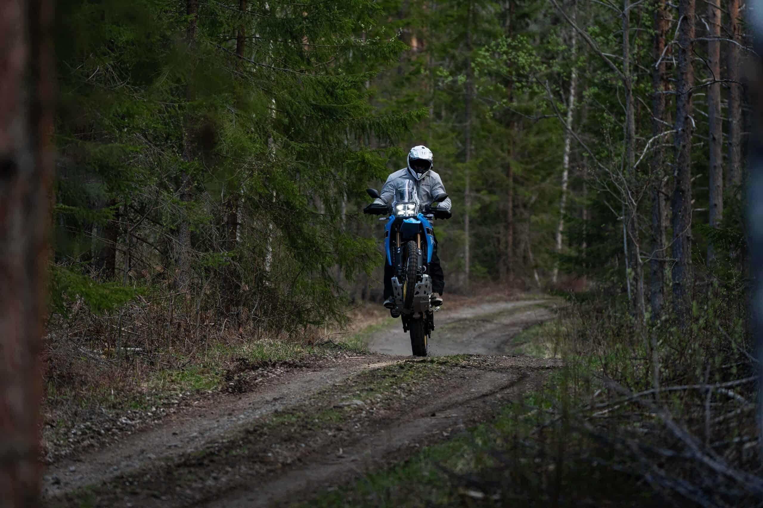 Motorcycle rider in a Nordic forest